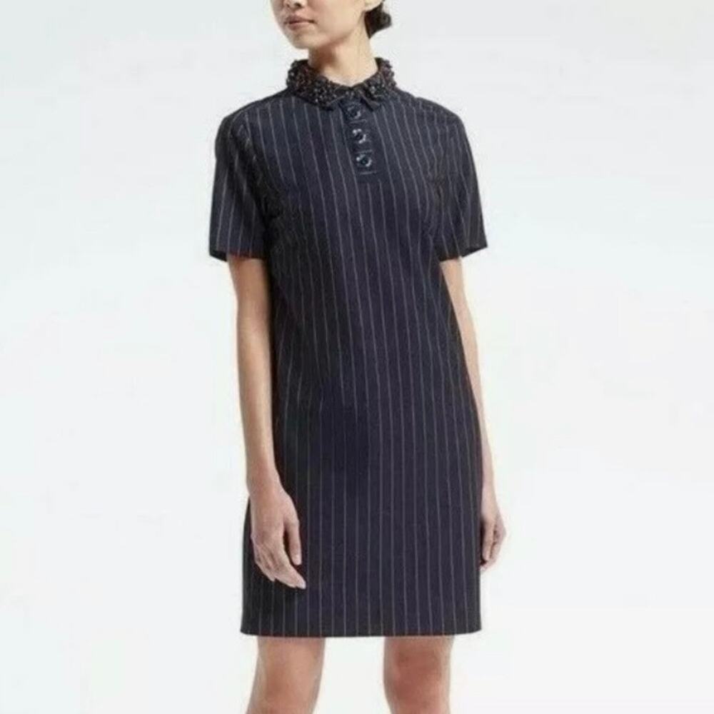 Banana Republic Womens M Polo Shirt Dress Navy Pinstripe Embellished Collar
